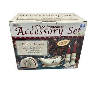 Royal Seasons 5 Piece Stoneware Gravy Bowl Saucer Candle Sticks Christmas Table